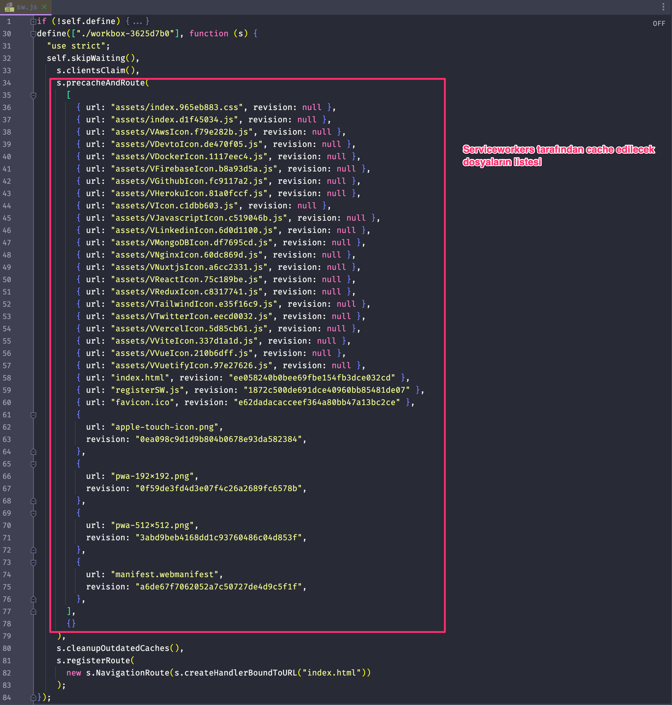 sw.js icindeki liste